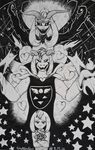  2016 anthro asriel_dreemurr boss_monster caprine clothed clothing flowey_the_flower fur goat hair horn looking_at_viewer male mammal monochrome monster open_mouth simple_background smile teeth traditional_media_(artwork) undertale video_games white_background white_fur 