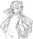  breasts cagliostro_(granblue_fantasy) collarbone granblue_fantasy greyscale hair_ornament hand_in_hair lineart long_hair long_sleeves looking_at_viewer monochrome naked_shirt navel nipples pussy redcomet shirt small_breasts smile solo very_long_hair 