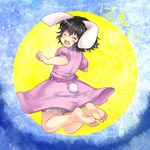  ^_^ ^o^ animal_ears bare_shoulders barefoot black_hair bloomers bunny_ears bunny_tail closed_eyes feet full_moon inaba_tewi jumping looking_back monrooru moon smile soles solo tail toes touhou underwear 