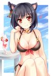  animal_ears bare_shoulders bell bell_collar bikini black_hair blush breasts cat_ears chin_rest cleavage cloud cloudy_sky collar day hair_ornament heart kantai_collection looking_at_viewer medium_breasts nikoo parfait red_eyes short_hair sky smile solo swimsuit table yamashiro_(kantai_collection) 