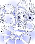  blue cowboy_shot cure_honey earrings happinesscharge_precure! heart heart_earrings jewelry long_hair looking_at_viewer magical_girl monochrome oomori_yuuko pom_poms popcorn_cheer precure skirt smile solo star twintails uzuki_aki 