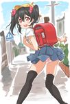  :d backpack bag black_hair bow hair_bow hat love_live! love_live!_school_idol_project open_mouth panties pantyshot randoseru recorder_case red_eyes school_hat smile solo tetopetesone thighhighs twintails underwear yazawa_nico 