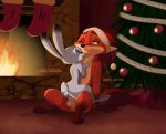  2018 anthro anthro_on_anthro anus balls canine christmas christmas_decorations christmas_tree clothing cum cum_drip cum_in_pussy cum_inside dialogue disney dripping english_text fireplace fox gloves_(marking) holidays inside interspecies judy_hopps lagomorph mammal markings mastery_position nick_wilde nude on_top penetration predator/prey rabbit sex size_difference skeletonguys-and-ragdolls socks_(marking) text tree vaginal vaginal_penetration zootopia 