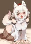  all_fours animal_ears black_legwear breasts covered_nipples detached_sleeves fangs hat heavy_breathing highres inubashiri_momiji large_breasts open_mouth red_eyes shinobe solo tail tokin_hat tongue tongue_out touhou white_hair wolf_ears wolf_tail 