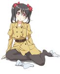  :o belt black_hair black_legwear blush bow double-breasted hair_bow long_hair love_live! love_live!_school_idol_project no_shoes pantyhose red_bow red_eyes simple_background sitting socks_removed solo tetopetesone trench_coat twintails white_background yazawa_nico 