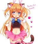  :o animal_ears bell black_shirt blue_bow blue_eyes bow brown_hair cat_ears cat_tail character_name cowboy_shot eyebrows eyebrows_visible_through_hair houjou_hibiki jingle_bell kemonomimi_mode leopard_ears leopard_tail long_hair looking_at_viewer panther_pink_(precure) pink_skirt precure shirt skirt sleeveless sleeveless_shirt solo suite_precure tail thighhighs two_side_up uzuki_aki white_background wrist_cuffs 