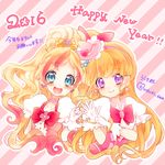  2girls :d asahina_mirai blonde_hair blue_eyes bow brooch color_connection cure_flora cure_miracle earrings flower_earrings gloves go!_princess_precure gradient_hair hair_bow hairband half_updo happy_new_year haruno_haruka hat jewelry long_hair looking_at_viewer magical_girl mahou_girls_precure! mini_hat mini_witch_hat multicolored_hair multiple_girls new_year open_mouth pink_bow pink_hair pink_hat ponytail precure purple_eyes red_bow smile streaked_hair striped striped_background twitter_username two-tone_hair upper_body uzuki_aki white_gloves witch_hat 