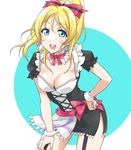  :d ayase_eli blonde_hair blue_eyes blush breasts cleavage garter_straps long_hair love_live! love_live!_school_idol_project maid_headdress medium_breasts mogyutto_&quot;love&quot;_de_sekkin_chuu! open_mouth ponytail smile solo tetopetesone 