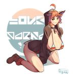  bikini_top boots breasts cleavage collar hood hoodie horns huge_breasts key kneeling leaning_forward orange_hair original ryuji_(red-truth) sharp_teeth short_hair solo teeth thighs traffic_light 