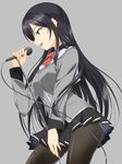  black_eyes black_hair bow from_side highres kakari kuroda_sayuki long_hair microphone microphone_stand music open_mouth panties panties_under_pantyhose pantyhose pantyshot pleated_skirt school_uniform shoujo-tachi_wa_kouya_wo_mezasu singing skirt solo underwear 