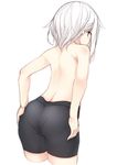  ass back bike_shorts blush from_behind highres looking_back original otokuyou red_eyes ringo-chan_(otokuyou) short_hair simple_background solo topless white_background white_hair 