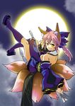  animal_ears blue_legwear bow breasts candledevas cleavage detached_sleeves fate/extra fate_(series) fox_ears fox_tail full_moon hair_bow hair_ribbon japanese_clothes light_smile looking_at_viewer medium_breasts moon multiple_tails pink_hair ribbon solo tail tamamo_(fate)_(all) tamamo_no_mae_(fate) yellow_eyes 