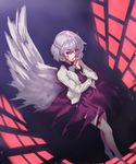  bare_legs bow bowtie braid covering_mouth dress dutch_angle full_body gradient gradient_background hand_on_own_face jacket kaiza_(rider000) kishin_sagume long_sleeves looking_at_viewer purple_dress red_eyes short_dress short_hair silver_hair single_wing solo touhou wind wind_lift wings 