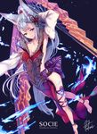  animal_ears anklet arm_up armpits barefoot blue_eyes blush breasts cleavage collarbone commentary_request detached_sleeves erune feet fox_ears fukai_ryousuke fur_trim granblue_fantasy hair_ornament jewelry long_hair looking_at_viewer medium_breasts silver_hair smile socie_(granblue_fantasy) solo tiptoes very_long_hair 