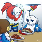  bone chef eating food fork fruit hat human hybrid knife male mammal meatballs monster not_furry papyrus_(undertale) pasta plate protagonist_(undertale) sans_(undertale) skeleton spaghetti spewspew tomato undead undertale video_games 