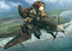  ammunition ammunition_belt asterisk_kome bomber_jacket brown_hair cliff cloud day dutch_angle flying frown fur_trim gloves green_eyes headset highres jacket landscape leather leather_jacket looking_to_the_side mecha_musume military military_uniform ocean original poland polish_air_force_checkerboard scenery sky solo spitfire_(airplane) uniform united_kingdom water world_war_ii 