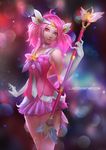  ahoge alternate_costume cglas choker elbow_gloves gloves headband league_of_legends looking_at_viewer luxanna_crownguard pink_hair pink_skirt red_eyes skirt solo standing star star_guardian_lux thighhighs wand watermark web_address white_gloves 