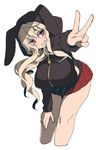  animal_hood bent_over blonde_hair blush breasts bunny_hood elsie-san_(oshiruko) foreshortening grin hanging_breasts hood hood_up hoodie huge_breasts long_hair looking_at_viewer miniskirt original oshiruko_(tsume) red_eyes sidelocks sketch skirt smile solo tsurime v 