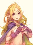  blonde_hair fire_emblem fire_emblem:_kakusei gloves highres long_hair looking_at_viewer mamkute navel nono_(fire_emblem) pointy_ears purple_eyes purple_gloves sang_(bloodredbites) signature solo white_background 