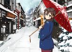  blue_eyes blush brown_hair building kantai_collection long_hair shigure_(kancolle) snow umbrella yammy_y 