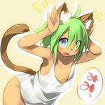  :d ahoge animal_ears armpits blue_eyes blush cat_ears cat_tail eyebrows eyebrows_visible_through_hair fang flat_chest green_hair heterochromia looking_at_viewer mizuki_kotora nipple_slip nipples open_mouth original panties pose see-through short_hair simple_background smile solo speech_bubble tail tank_top thick_eyebrows underwear underwear_only yellow_eyes 
