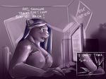  2016 anthro breasts cleavage clothed clothing computer cutaway english_text feline female hair mammal monitor monochrome neph nipple_bulge open_mouth panther purple_theme sitting solo text 