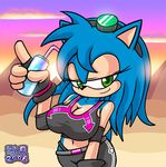  2006 becky_the_hedgehog beverage big_breasts breasts cleavage clothed clothing desert fan_character female food green_eyes hair half-closed_eyes hedgehog long_hair looking_at_viewer mammal midriff navel nitro pyramids solo sonic_(series) 