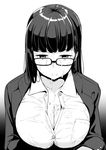  bangs breasts bursting_breasts cleavage expressionless glasses greyscale huge_breasts kichihachi messy monochrome solo suggestive_fluid unbuttoned 