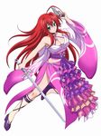  ahoge blue_eyes breasts character_request cosplay dress gun high_school_dxd highres large_breasts long_hair official_art red_hair rias_gremory smile solo sword valkyrie_drive_-bhikkhuni- very_long_hair weapon 