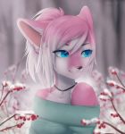  2018 anthro black_nose blue_eyes cat clothed clothing detailed_background digital_media_(artwork) ear_piercing feline female fur hair mammal nayel-ie piercing pink_fur pink_hair smile solo whiskers 