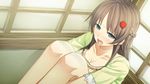  blue_eyes blush braid breasts brown_hair cleavage collarbone cura flat_(company) game_cg hair_ornament hairclip highres indoors large_breasts legs long_hair looking_at_viewer monobeno open_mouth raised_eyebrows sad sawai_natsuha short_sleeves sitting solo tears thighs 