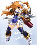  :d aiming armlet arrow artemis_phoebus ass_visible_through_thighs bare_shoulders blush boots bow_(weapon) brown_gloves character_name cleavage_cutout drawing_bow fang gloves hair_ribbon highres holding holding_arrow holding_bow_(weapon) holding_weapon karukan_(monjya) long_hair open_mouth orange_hair outline outstretched_arm pleated_skirt quiver red_eyes ribbon shinrabanshou skirt smile solo thighhighs two_side_up weapon 