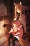  animal_ears black_legwear blush breasts brown_hair chair feet_out_of_frame fireplace fur_trim grin happy holo long_hair pantyhose pregnant red_eyes rocking_chair shiseki_hirame sitting small_breasts smile solo spice_and_wolf tail wolf_ears wolf_girl wolf_tail 