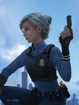  belt blue_eyes carrot gun handgun highres holding holding_gun holding_weapon humanization judy_hopps left-handed parted_lips pistol police police_badge police_uniform policewoman silver_hair solo trigger_discipline uniform weapon wlop zootopia 