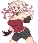  :o albino armpits bike_shorts black_gloves blonde_hair blouse blush breasts clenched_hand d: elsie-san_(oshiruko) gloves large_breasts legs_apart looking_at_viewer open_mouth original oshiruko_(tsume) red_eyes ribbon solo strapless teeth two_side_up v-shaped_eyebrows 