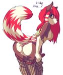  belt canine clothed clothing derpah digital_media_(artwork) english_text female hair hi_res hybrid looking_back mammal panties pants pants_down partially_clothed raccoon rear_view red_hair rikki shirt simple_background smile solo standing striped_panties tank_top text underwear white_background wolf 