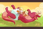  animal_humanoid blush cloud cuddlehooves diaper dragon duo eyes_closed female flower grass growlithe happy horn humanoid male nintendo plant pok&eacute;mon red_scales scales sky sleeping video_games 