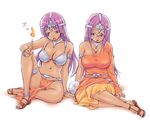  abe_tsukumo anklet armlet bespectacled bikini_top bracelet breasts choker circlet cleavage crystal_ball dark_skin dragon_quest dragon_quest_iv fire glasses jewelry large_breasts loincloth long_hair magic manya minea multiple_girls open_mouth purple_eyes purple_hair sandals siblings sisters sitting sweatdrop thigh_strap twins 