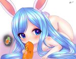  1girl absurdres animal_ears blue_eyes blue_hair bunny_ears carrot elin_(tera) fellatio flat_chest food hetero highres long_hair lying nipples nude on_side oral penis tail tera_online uatemyrice very_long_hair 