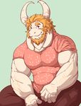  anthro asgore_dreemurr biceps blonde_hair boss_monster caprine clothed clothing fur goat hair horn istani long_ears looking_at_viewer male mammal muscular pants pecs shirt simple_background sitting smile solo undertale video_games white_fur 