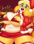  2016 3mangos animal_crossing anthro big_breasts blush breasts canine christmas christmas_tree clothing dog female fireplace green_eyes hair hat holidays huge_breasts inside isabelle_(animal_crossing) mammal navel nintendo open_mouth santa_hat scarf shih_tzu slightly_chubby solo tree video_games 