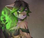  2018 anthro black_nose breasts brown_fur cat clothed clothing digital_media_(artwork) feline female fur green_eyes green_hair hair mammal nayel-ie solo standing 