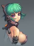  android areolae breasts cat_ear_headphones collar green_hair grey_background headphones highres large_breasts looking_at_viewer looking_back missing_limb original purple_eyes short_hair solo upper_body zhangyushao 