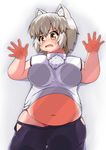  against_glass animal_ears big_belly blush breast_press breasts breasts_on_glass d: fang fat glass highres hitotsubashi_inari inubashiri_momiji large_breasts navel open_mouth panties pants pink_panties pom_pom_(clothes) red_eyes silver_hair solo touhou underwear wardrobe_malfunction wolf_ears 