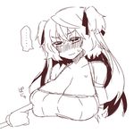  1girl :| blush breast_poke breasts cleavage closed_mouth dress elsie-san_(oshiruko) large_breasts long_hair monochrome original oshiruko_(tsume) poking sketch solo spoken_ellipsis sweat two_side_up v-shaped_eyebrows 