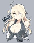  1girl ahoge black_eyes blonde_hair breasts character_name cleavage crossed_arms elbow_gloves fingerless_gloves gloves hair_between_eyes iowa_(kantai_collection) kantai_collection large_breasts long_hair smile solo souji star star-shaped_pupils symbol-shaped_pupils 