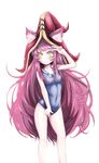  absurdres breasts commentary green_eyes hat highres league_of_legends lulu_(league_of_legends) nakatokung one-piece_swimsuit purple_hair school_swimsuit small_breasts solo swimsuit wizard_hat 