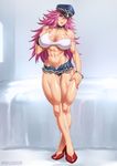  abs ass_visible_through_thighs blue_eyes blue_shorts breasts chain cleavage collar crossed_legs denim denim_shorts final_fight full_body grey_background hair_between_eyes hat high_heels highres large_breasts lips long_hair looking_at_viewer messy_hair muscle muscular_female nail_polish peaked_cap pink_hair poison_(final_fight) red_footwear shoes short_shorts shorts slender_waist solo speh standing studded_collar tank_top thick_thighs thigh_gap thighs 