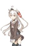  amatsukaze_(kantai_collection) brown_eyes dress dress_tug garter_straps haimura_kiyotaka kantai_collection long_hair looking_at_viewer open_mouth sailor_collar simple_background solo source_request thighhighs two_side_up weapon white_hair 