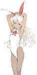  animal_ears armpits arms_behind_head bunny_ears bunnysuit covered_navel dark_skin haimura_kiyotaka long_hair looking_at_viewer original pantyhose purple_eyes simple_background solo white_background white_hair 